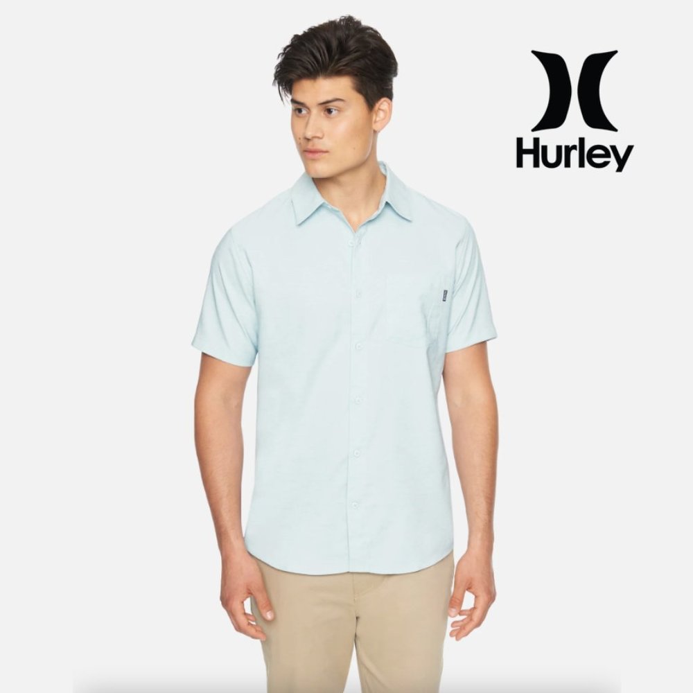 Hurley DRI FIT Marwick Stretch Button Down Stretch Short Sleeve Shirt Blue 2XL